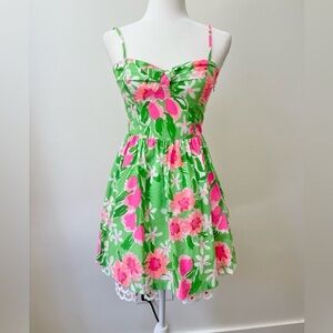 Lilly Pulitzer Pink and Green Floral Mini Dress Cotton Tropical Summery Size 2